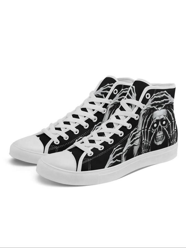 Men's Fashionable Skull Print Lace Up Front Mid Top Canvas Sneakers, Casual Comfortable Sports Shoes for Daily Wear, Male All-match Round Toe Shoes for Daily Wear