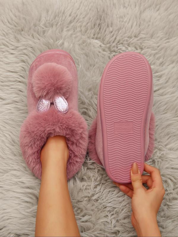 Women's Cute Rabbit Ear & Pom Pom Decor Plush Slippers, Casual Soft Comfortable Home Slippers for Fall & Winter, Fluffy Fall & Winter House Shoes for Indoor and Outdoor