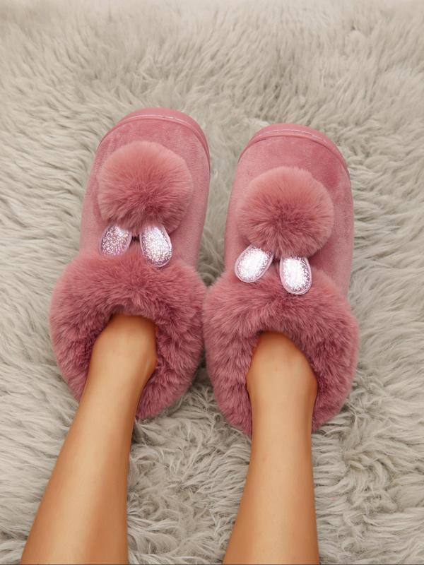 Women's Cute Rabbit Ear & Pom Pom Decor Plush Slippers, Casual Soft Comfortable Home Slippers for Fall & Winter, Fluffy Fall & Winter House Shoes for Indoor and Outdoor