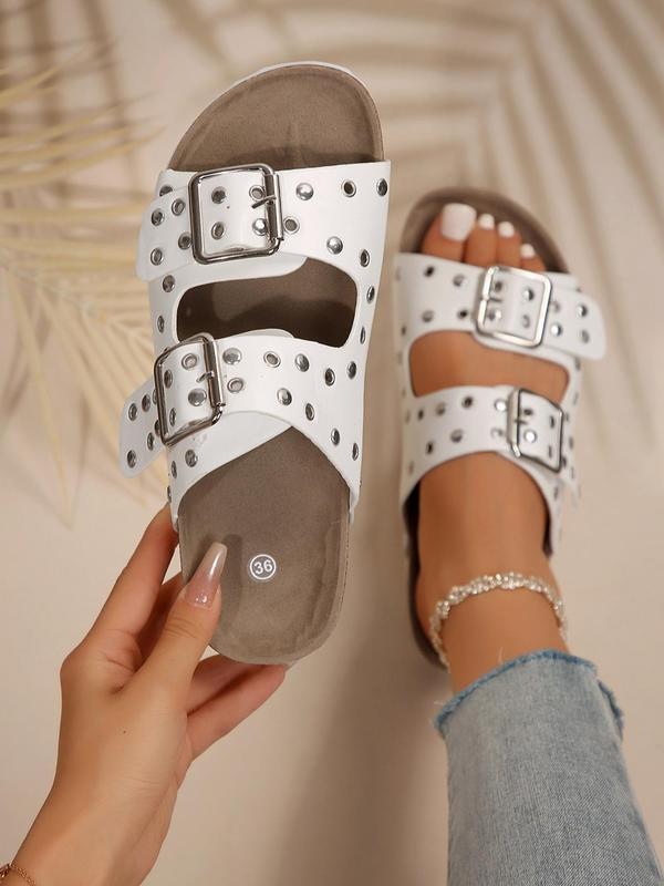 Women's Rivet Decorated Slip on Sandals, Casual Versatile Summer Beach Sandals, Round Toe Thick Sole Sandals for Daily Wear