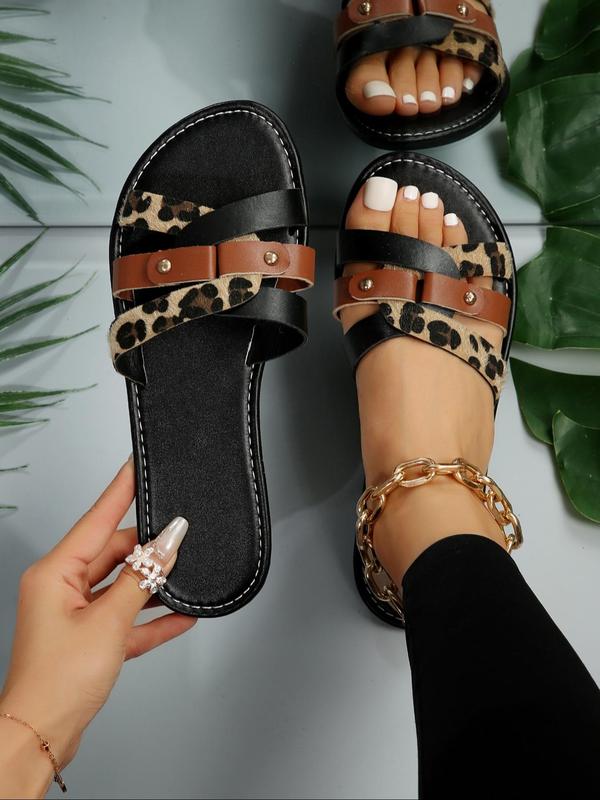 Women's Fashion Leopard Print Slippers, Criss Cross Design Slide Sandals, Casual Comfortable Flat Sandals for Summer, All-match Shoes for Work & Daily Wear