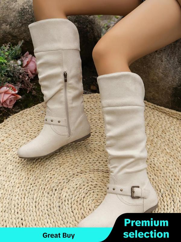 Women's Fashionable Solid Color Slouchy Boots, Casual Comfortable Side Zip Design Knee Designer Boots for Daily Wear, Female All-match Trendy Shoes for Fall & Winter Fall Outfits 2024