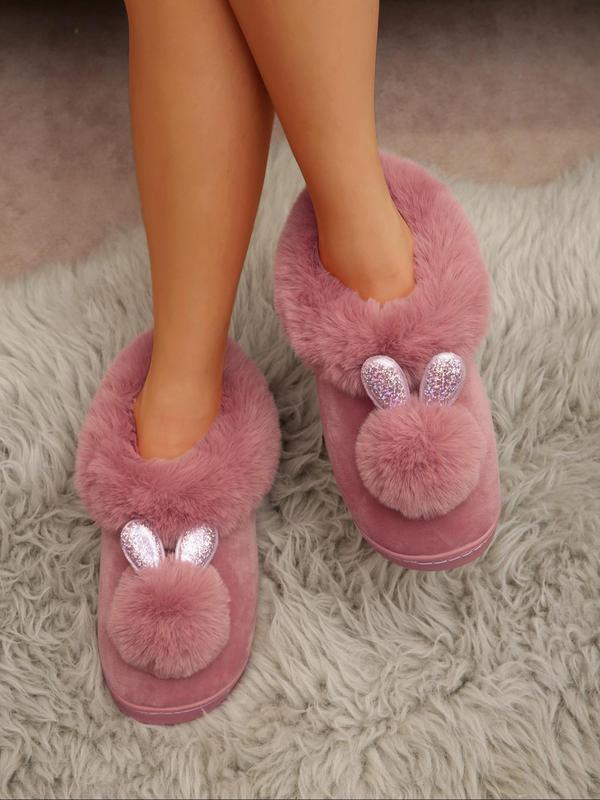 Women's Cute Rabbit Ear & Pom Pom Decor Plush Slippers, Casual Soft Comfortable Home Slippers for Fall & Winter, Fluffy Fall & Winter House Shoes for Indoor and Outdoor