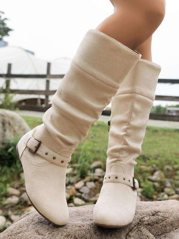 Women's Fashionable Solid Color Slouchy Boots, Casual Comfortable Side Zip Design Knee Designer Boots for Daily Wear, Female All-match Trendy Shoes for Fall & Winter Fall Outfits 2024