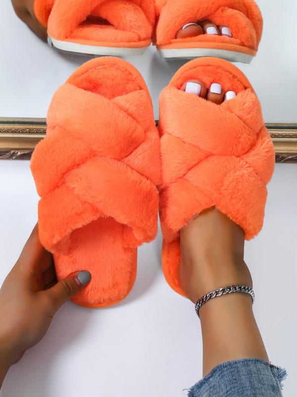 Women's Fashionable Plain Criss Cross Design Soft Slippers, Simple Design Warm Plush Slippers for Fall & Winter