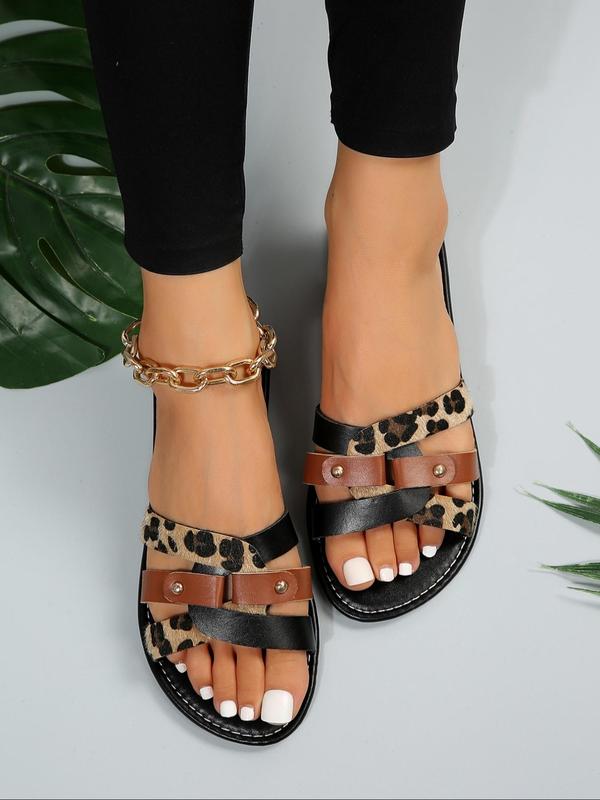 Women's Fashion Leopard Print Slippers, Criss Cross Design Slide Sandals, Casual Comfortable Flat Sandals for Summer, All-match Shoes for Work & Daily Wear