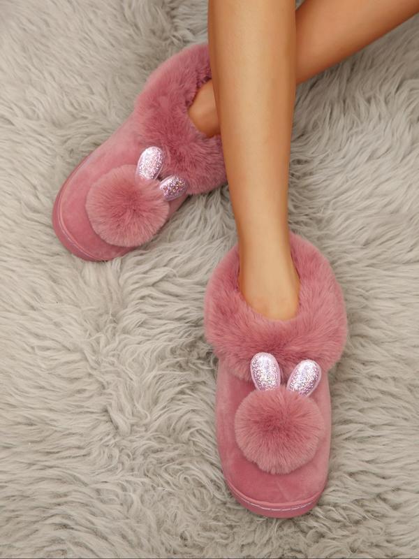 Women's Cute Rabbit Ear & Pom Pom Decor Plush Slippers, Casual Soft Comfortable Home Slippers for Fall & Winter, Fluffy Fall & Winter House Shoes for Indoor and Outdoor