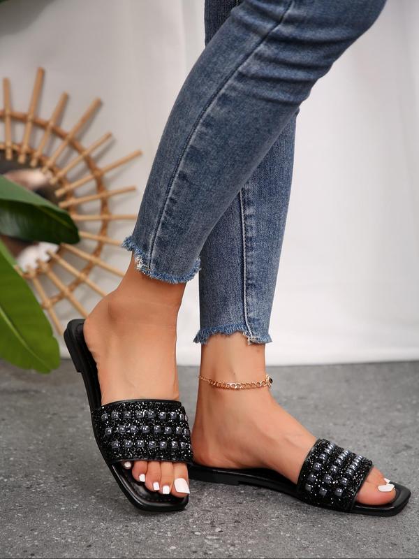 Women's Rhinestone Decorated Slides, Casual Comfortable Square Toe Flat Sandals for Beach, Non-slip Pu Leather Slippers for Indoor & Outdoor Wear