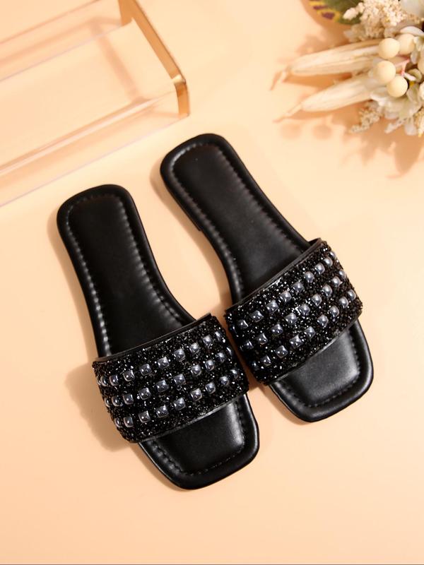 Women's Rhinestone Decorated Slides, Casual Comfortable Square Toe Flat Sandals for Beach, Non-slip Pu Leather Slippers for Indoor & Outdoor Wear