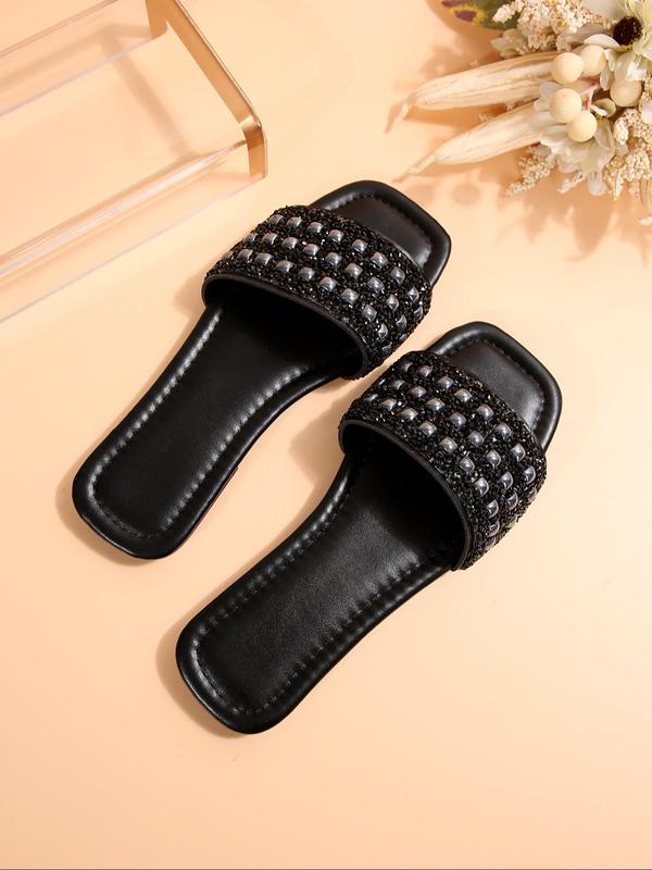 Women's Rhinestone Decorated Slides, Casual Comfortable Square Toe Flat Sandals for Beach, Non-slip Pu Leather Slippers for Indoor & Outdoor Wear