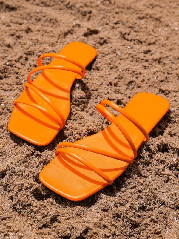 Summer 2024 Thin Strap Square Toe Slide Sandals, Summer Sandals for Women, Simple Matching Fashionable Pu Leather Non-slip Flat Sandals for Beach Holiday Vacation, Casual Outdoor  Sandals Women 2024