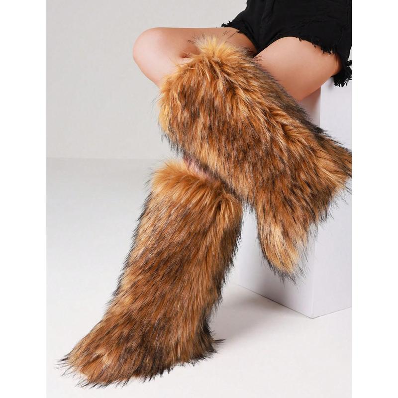 Women's Faux Fur Boot Furry Fluffy Round Toe Suede Winter Comfy Plush Warm Short Outdoor Indoor Flat Shoes Knee-High Boots