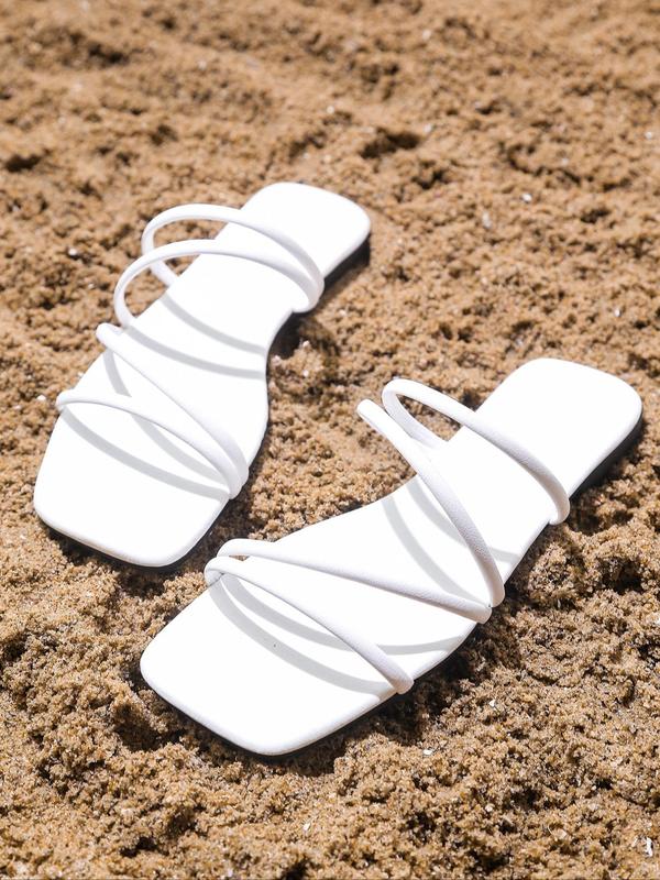 Summer 2024 Thin Strap Square Toe Slide Sandals, Summer Sandals for Women, Simple Matching Fashionable Pu Leather Non-slip Flat Sandals for Beach Holiday Vacation, Casual Outdoor  Sandals Women 2024