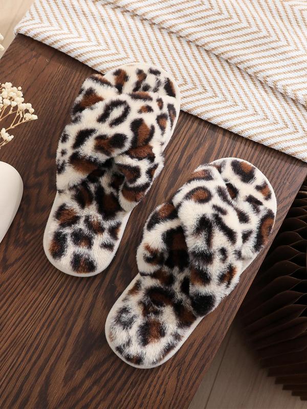 Women's Leopard Print Criss Cross Design Slippers, Casual Soft Plush Warm Bedroom Slippers For Fall & Winter