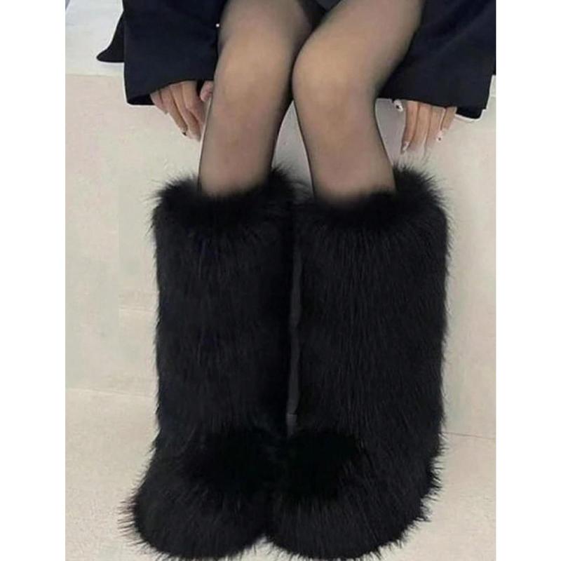 Women's Faux Fur Boot Furry Fluffy Round Toe Suede Winter Comfy Plush Warm Short Outdoor Indoor Flat Shoes Knee-High Boots