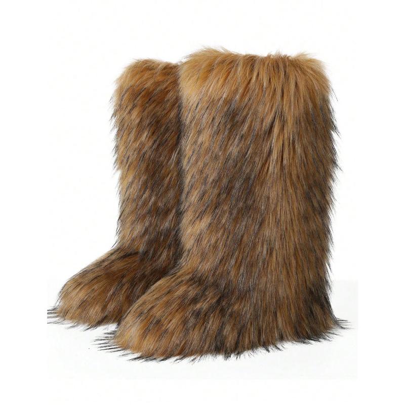 Women's Faux Fur Boot Furry Fluffy Round Toe Suede Winter Comfy Plush Warm Short Outdoor Indoor Flat Shoes Knee-High Boots