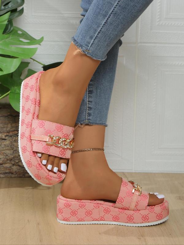 Women's Fashionable Floral Pattern Chain Decor Platform Sandals, Casual Comfortable Platform Sandals for Summer, Female All-match Shoes for Beach Vacation