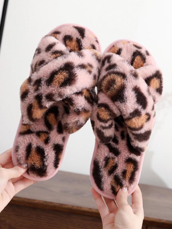 Women's Leopard Print Criss Cross Design Slippers, Casual Soft Plush Warm Bedroom Slippers For Fall & Winter