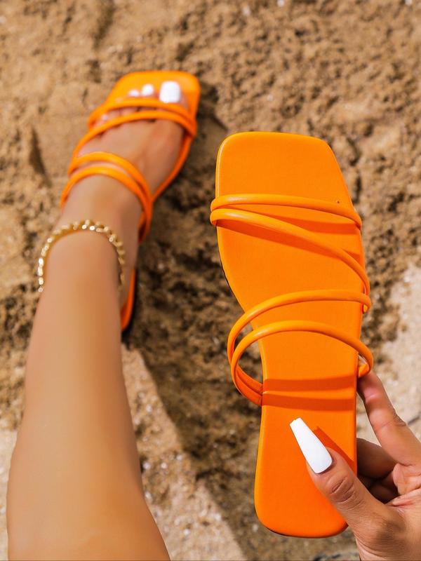 Summer 2024 Thin Strap Square Toe Slide Sandals, Summer Sandals for Women, Simple Matching Fashionable Pu Leather Non-slip Flat Sandals for Beach Holiday Vacation, Casual Outdoor  Sandals Women 2024