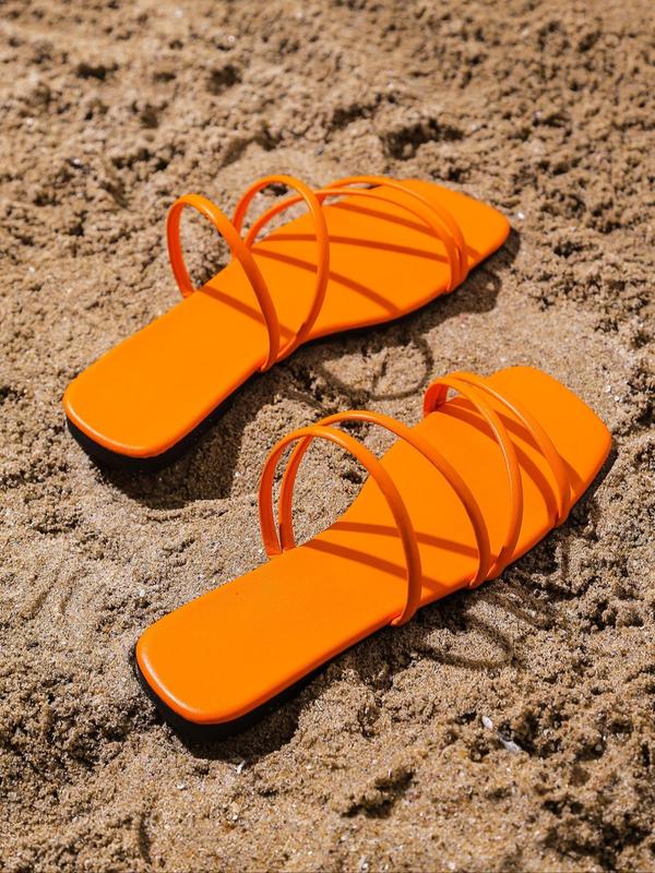 Summer 2024 Thin Strap Square Toe Slide Sandals, Summer Sandals for Women, Simple Matching Fashionable Pu Leather Non-slip Flat Sandals for Beach Holiday Vacation, Casual Outdoor  Sandals Women 2024