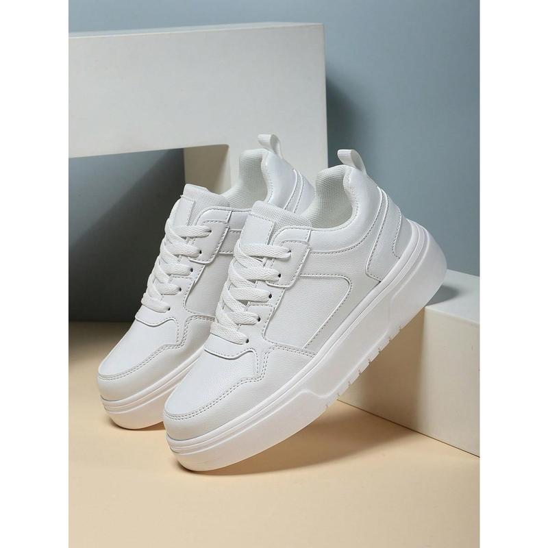 Fashionable Women's Sports Shoes,White Classic Skateboard Shoes With Minimailst Style,Solid Color Round Toe Thick Sole Outdoor Hiking Increasing Shoes