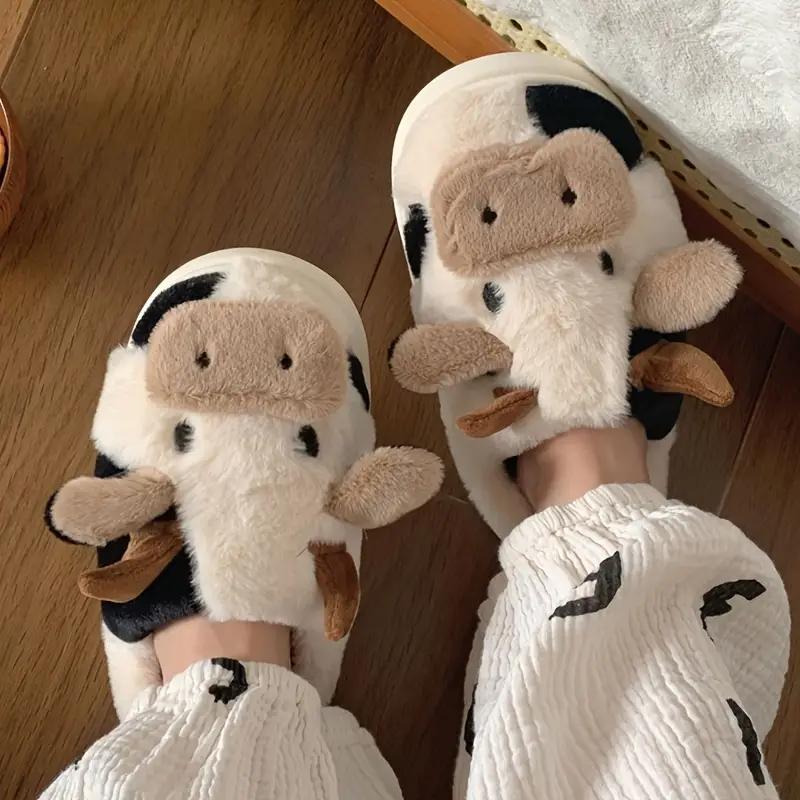 Slippers for women,Cartoon Cute Cow House Cotton Slippers, Warm Plush Lined Closed Toe Fuzzy Home Slides, Comfy Indoor Shoes