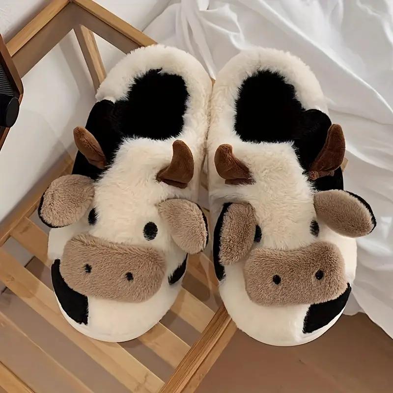 Slippers for women,Cartoon Cute Cow House Cotton Slippers, Warm Plush Lined Closed Toe Fuzzy Home Slides, Comfy Indoor Shoes