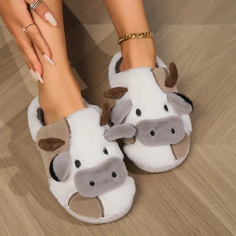 Slippers for women,Cartoon Cute Cow House Cotton Slippers, Warm Plush Lined Closed Toe Fuzzy Home Slides, Comfy Indoor Shoes