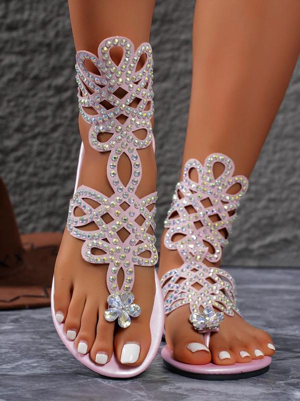 Women's Fashion Hollow Out Design Rhinestone Decor Flat Sandals, Casual Comfortable Toe Thong Slide Sandals for Summer Beach Vacation, Female All-match Slip-on Shoes