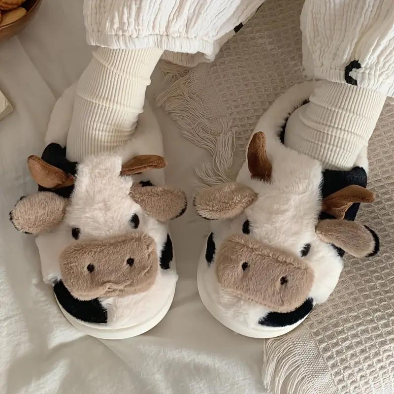 Slippers for women,Cartoon Cute Cow House Cotton Slippers, Warm Plush Lined Closed Toe Fuzzy Home Slides, Comfy Indoor Shoes