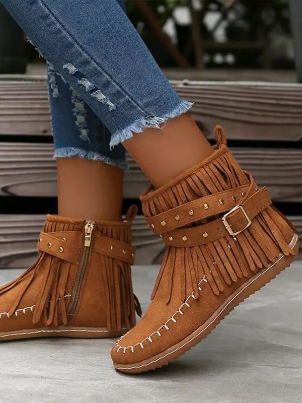 Women's Fashionable Studded & Tassel Decor Ankle Boots, Casual Boots for Fall & Winter, Female All-match Round Toe Walking Shoes for Daily Wear, Fall Outfits, Fall Freshness