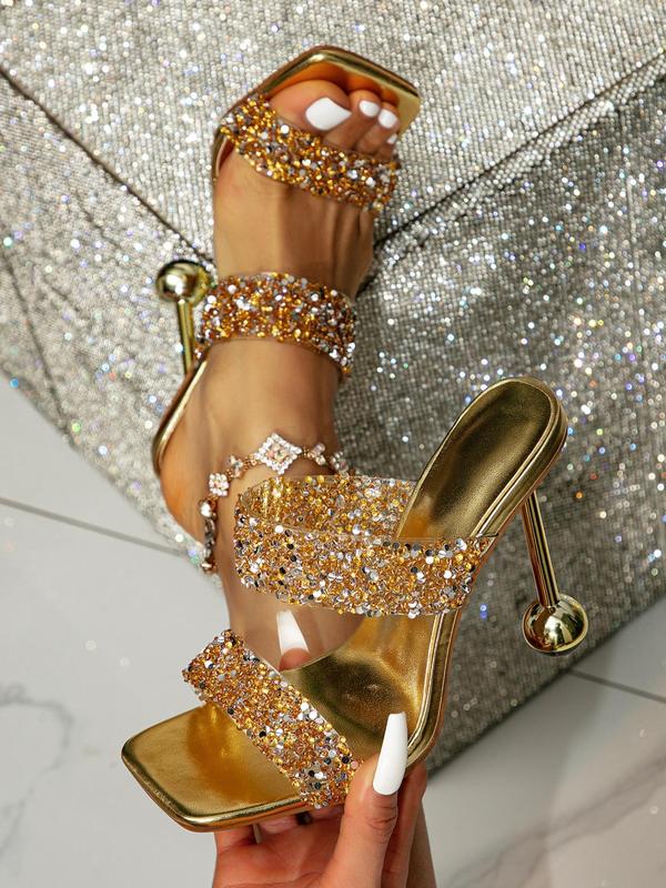 Women's Fashion Rhinestone Sequin Decorated Decorative High Heel Sandals, Elegant Square Toe Sandals for Party, Daily Clothing Decor for Women & Girls