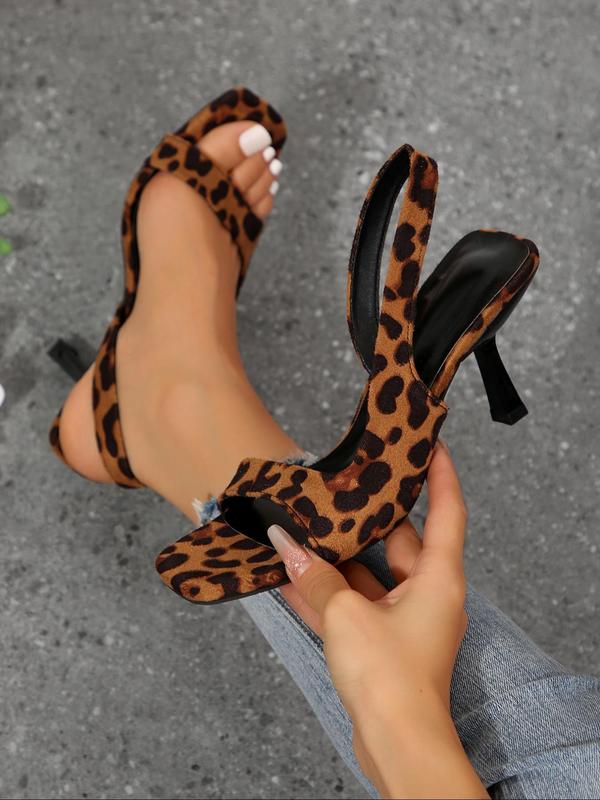 Fashion Leopard Print Stiletto Heeled Sandals, Elegant Square Toe Slingback Pumps High Heel Sandals for Party, Banquet,  All-match & Exquisite Heels for Women