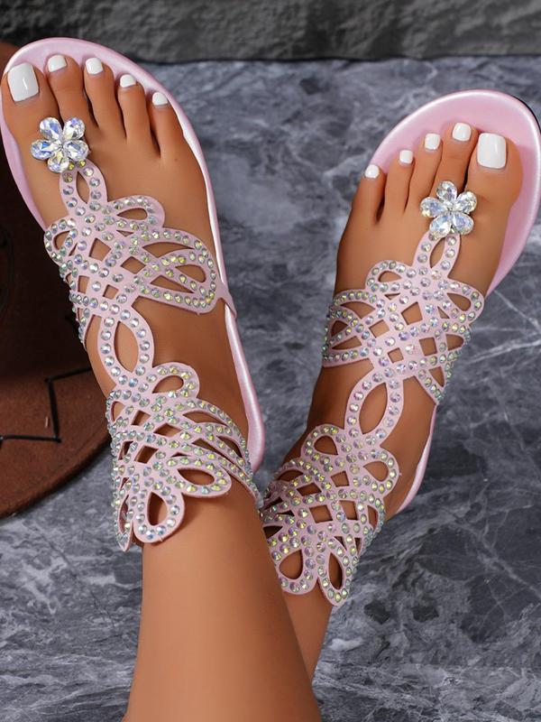 Women's Fashion Hollow Out Design Rhinestone Decor Flat Sandals, Casual Comfortable Toe Thong Slide Sandals for Summer Beach Vacation, Female All-match Slip-on Shoes