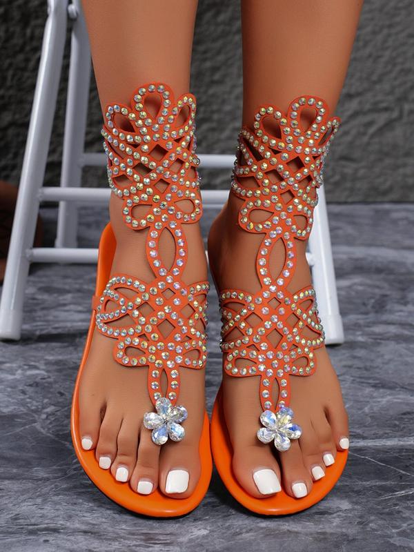 Women's Fashion Hollow Out Design Rhinestone Decor Flat Sandals, Casual Comfortable Toe Thong Slide Sandals for Summer Beach Vacation, Female All-match Slip-on Shoes