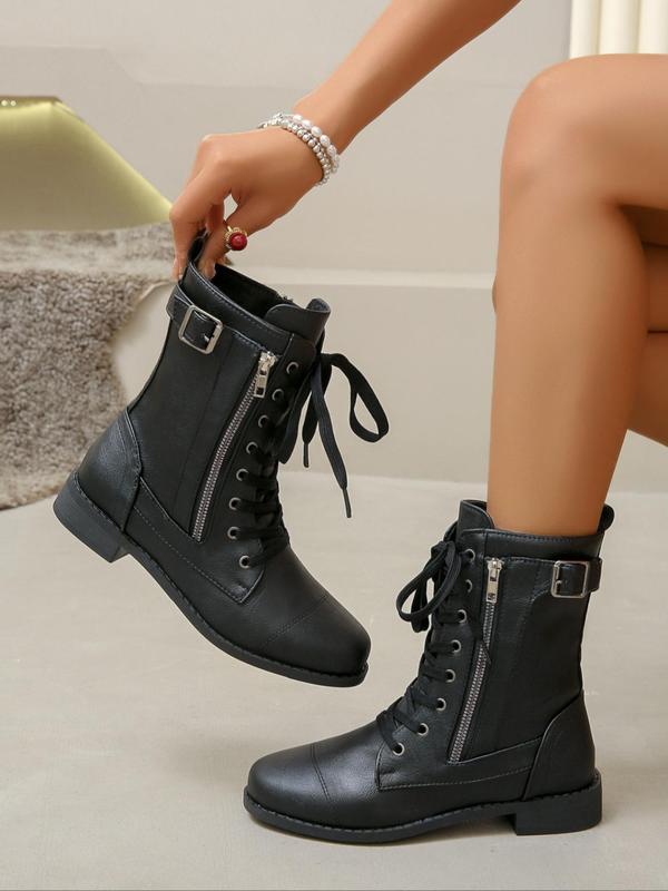 Women's Fashionable Lace Up Front Boots, Casual Comfortable Round Toe Zipper  Boots for Daily Wear, Female All-match Trend Shoes for Fall & Winter