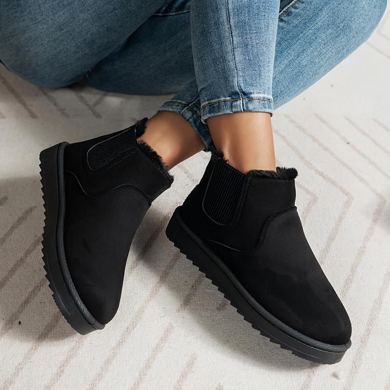 Women's Solid Color Ankle Boots, Casual Slip-on Plush Lined Boots, Comfortable Winter Boots