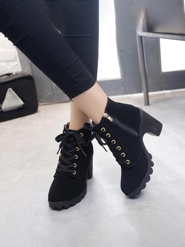 Women's Fashion Solid Color Lace up Mid-calf Boots, 1 Pair Elegant Buckle Decorated Boots for Daily Wear, Non-slip Chunky Heel Boots for Women & Girls