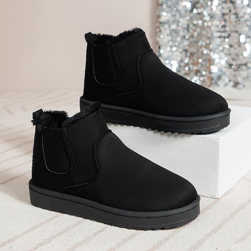 Women's Solid Color Ankle Boots, Casual Slip-on Plush Lined Boots, Comfortable Winter Boots