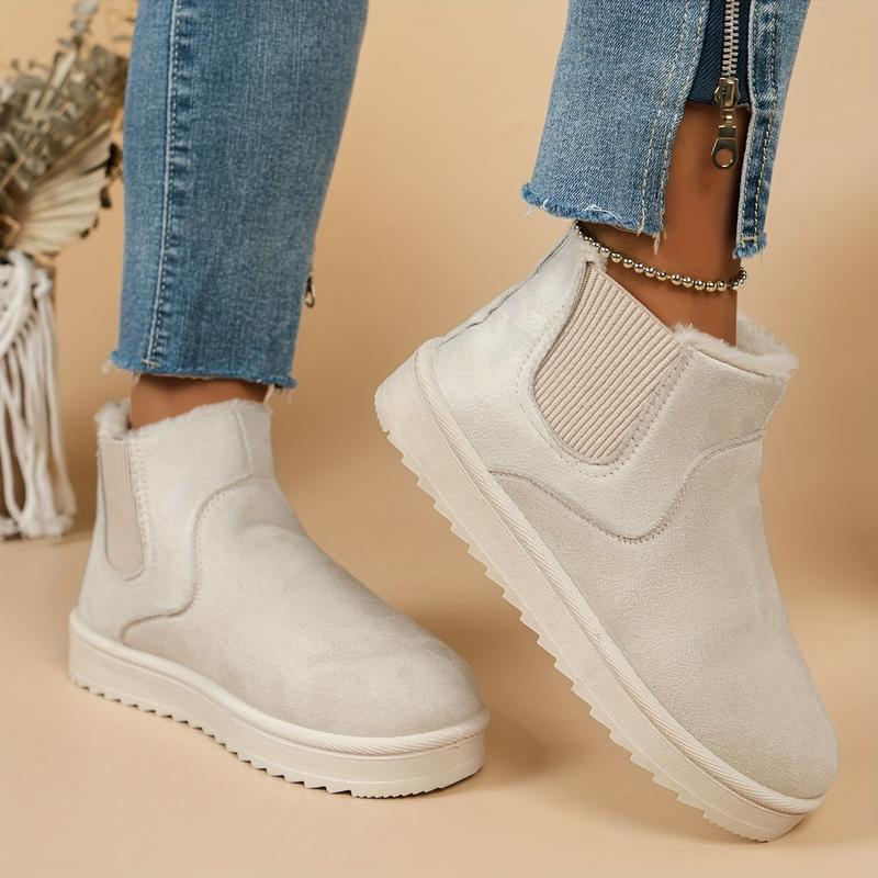 Women's Solid Color Ankle Boots, Casual Slip-on Plush Lined Boots, Comfortable Winter Boots