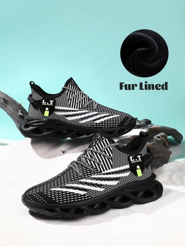 Men's Thermal Lined Blade Sole Athletic Shoes, Casual Lace Up Low Top Sneakers, Warm Sports Running Shoes for Winter, Male All-match Round Toe Shoes for Daily Wear