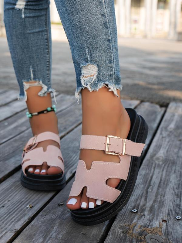 Women's Fashionable Plain Color Buckle Decor Slip on Sandals, Casual Comfortable Platform Sandals for Summer, Lightweight Breathable Open Toe Shoes for Daily Wear