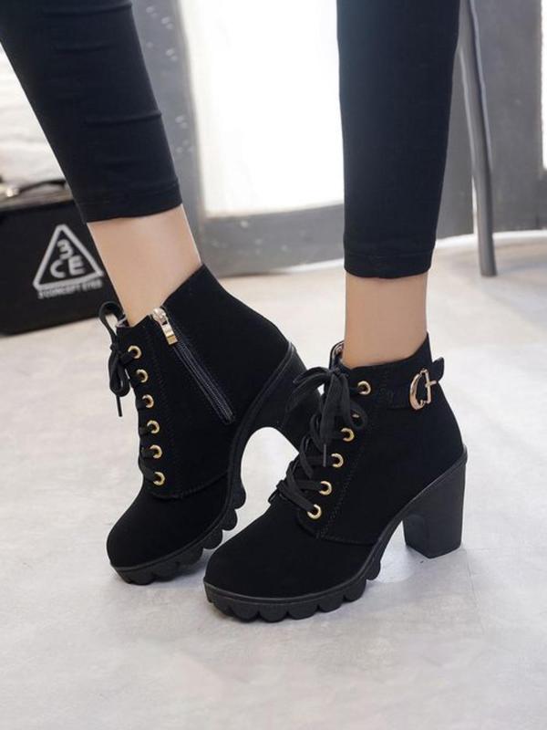 Women's Fashion Solid Color Lace up Mid-calf Boots, 1 Pair Elegant Buckle Decorated Boots for Daily Wear, Non-slip Chunky Heel Boots for Women & Girls