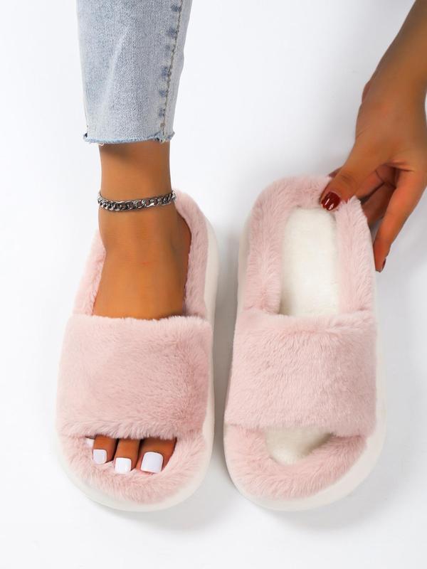 Women's Fashion Plain Soft Platform Fluffy Plush House Slippers, Minimalist Fuzzy Girl Casual Comfortable Home Slide Slippers, Flatform Warm Soft Women's Home Slippers, Footwear