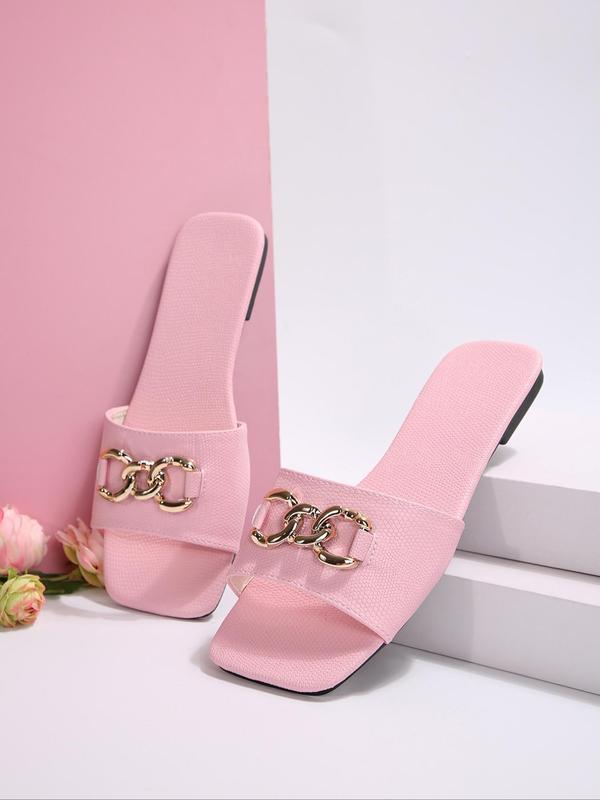 Women's Fashionable Ring Linked Design Flat Sandals, New Trendy Square Toe Slide Sandals, Casual Comfortable Shoes for Summer