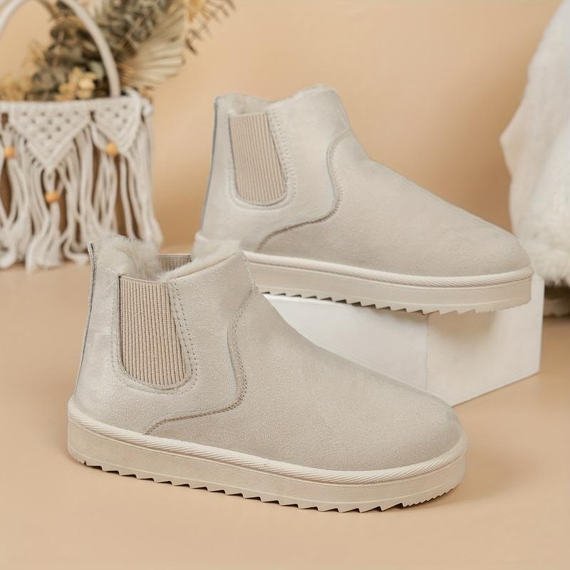 Women's Solid Color Ankle Boots, Casual Slip-on Plush Lined Boots, Comfortable Winter Boots