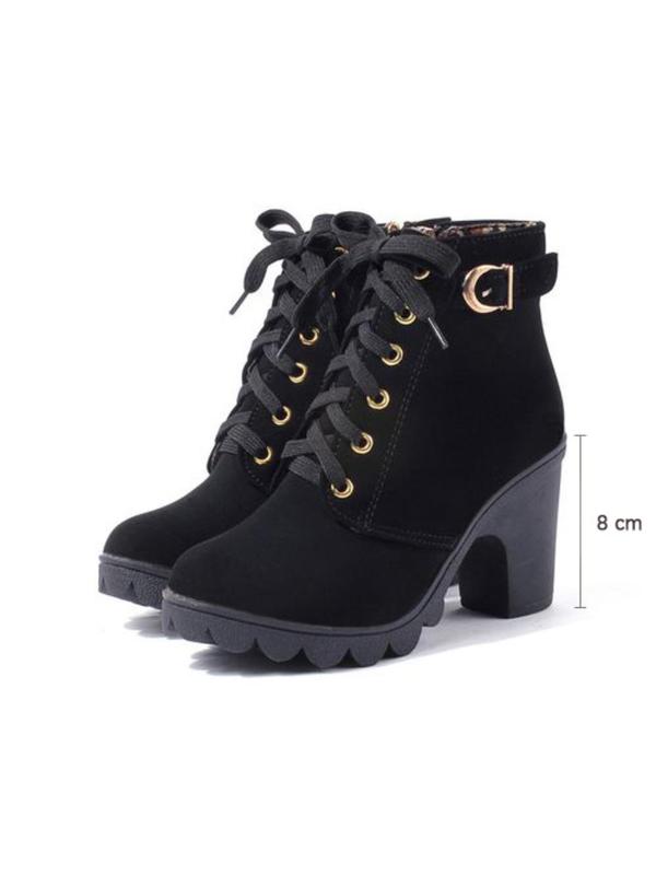 Women's Fashion Solid Color Lace up Mid-calf Boots, 1 Pair Elegant Buckle Decorated Boots for Daily Wear, Non-slip Chunky Heel Boots for Women & Girls