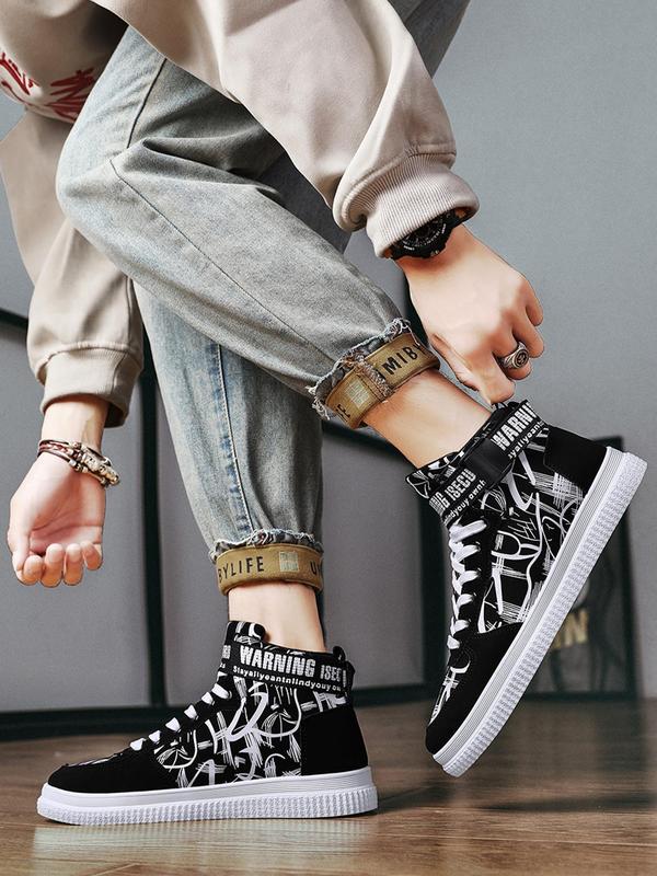 Men's Fashionable Graphic Pattern Lace Up High Top Designer Sneakers, Mens Sneakers, Comfortable Sports Shoes for Daily Wear, Male All-match Round Toe Shoes for Daily Wear Fall Outfits Fall Freshness