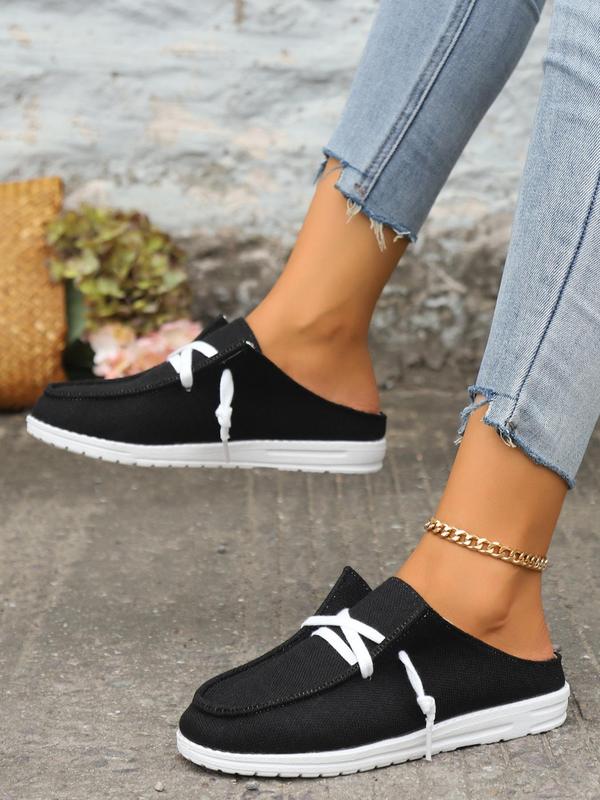 Women's Fashion Plain Color Lace Up Front Slip-on Shoes, Mule Flat Shoes, Casual Versatile Sports Walking Shoes