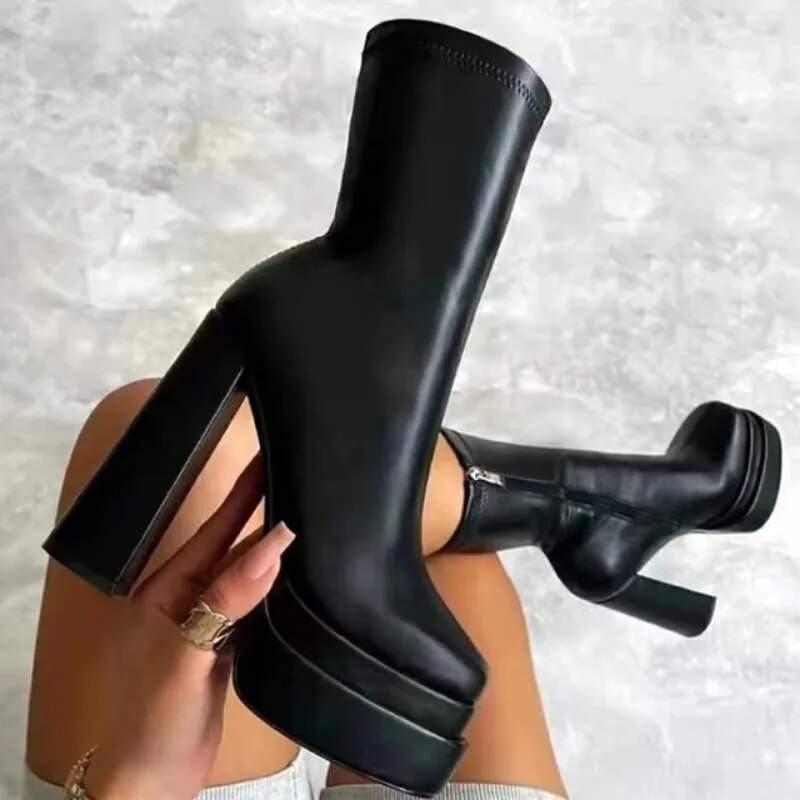 2023 Sexy Chunky High Heels Ankle Shoes for Women Punk Style Zipper Thick Platform Elasticity Microfiber Boots Sapatos Femininos